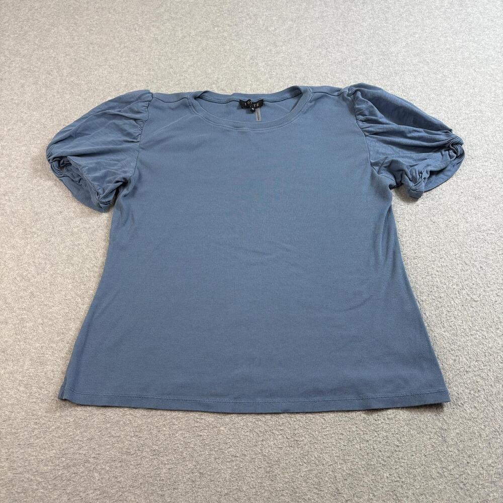 1 STATE Shirt Women Medium Blue Puff Sleeve Crewneck Academia Ribbed Stretchy
